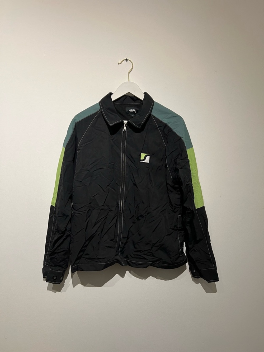 Stussy Black Jacket with Green Shoulder Panels - Men's Zip-Up Coat